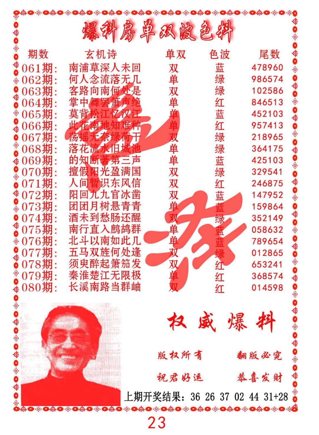 064期爆料房单双波色料[图]